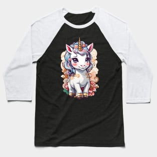 Cute Unicorn with Flowers and Swirls Baseball T-Shirt